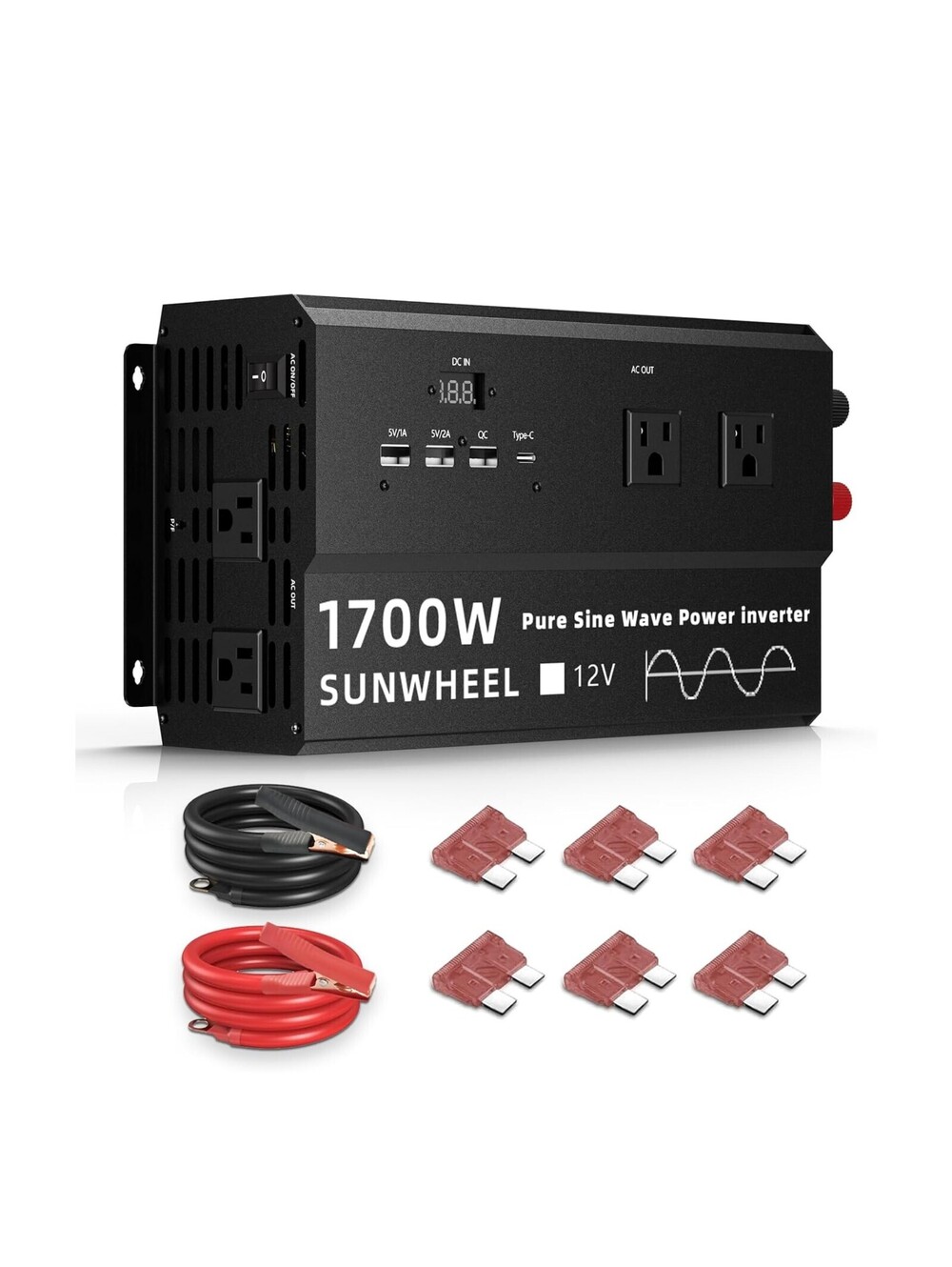 1700W Pure Sine Wave Inverter, Power Inverter 12v to 110v/120v DC to AC for RV